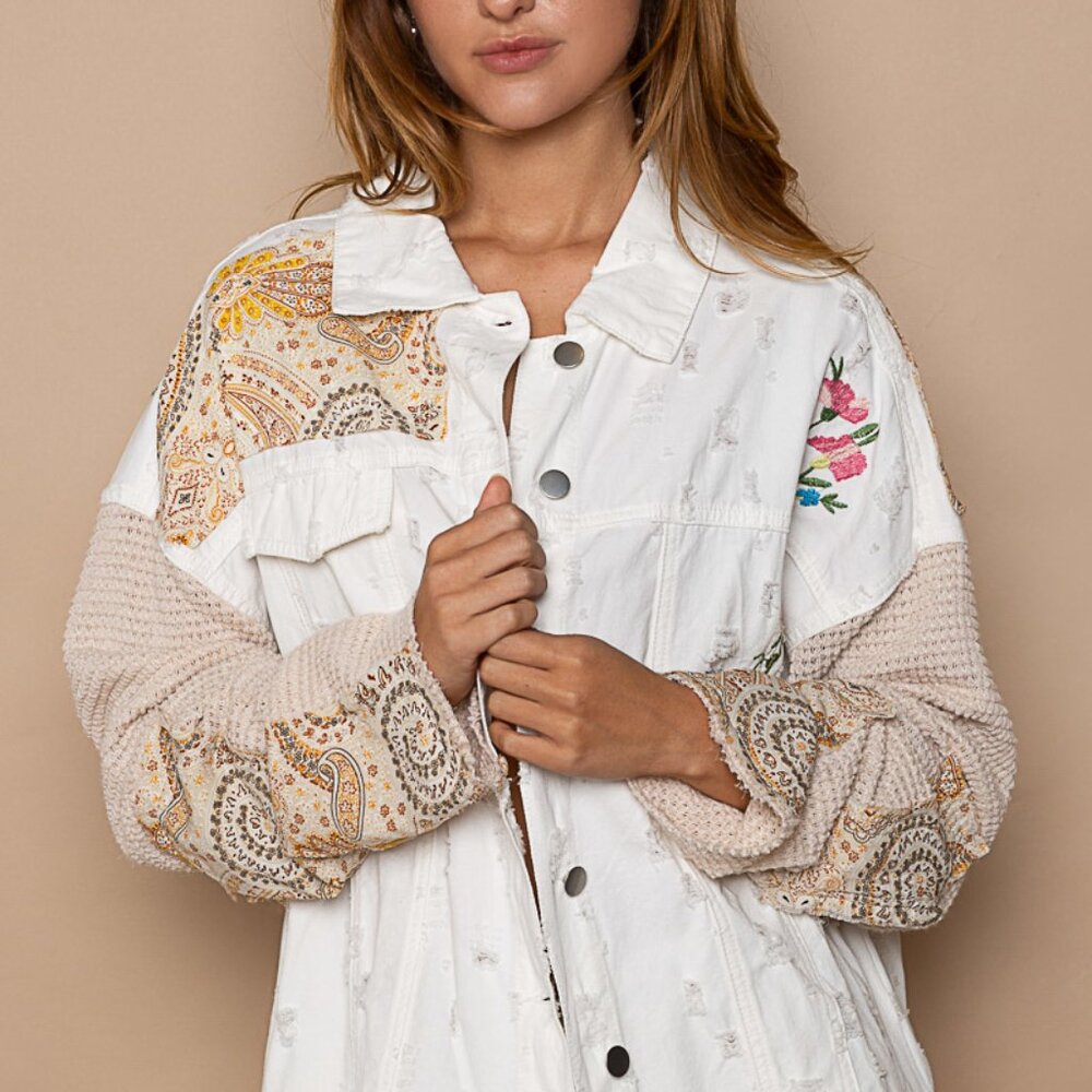 POL White Thermal Sleeve Paisley Patch Button Down Shacket Jacket - Picture 7 of 9